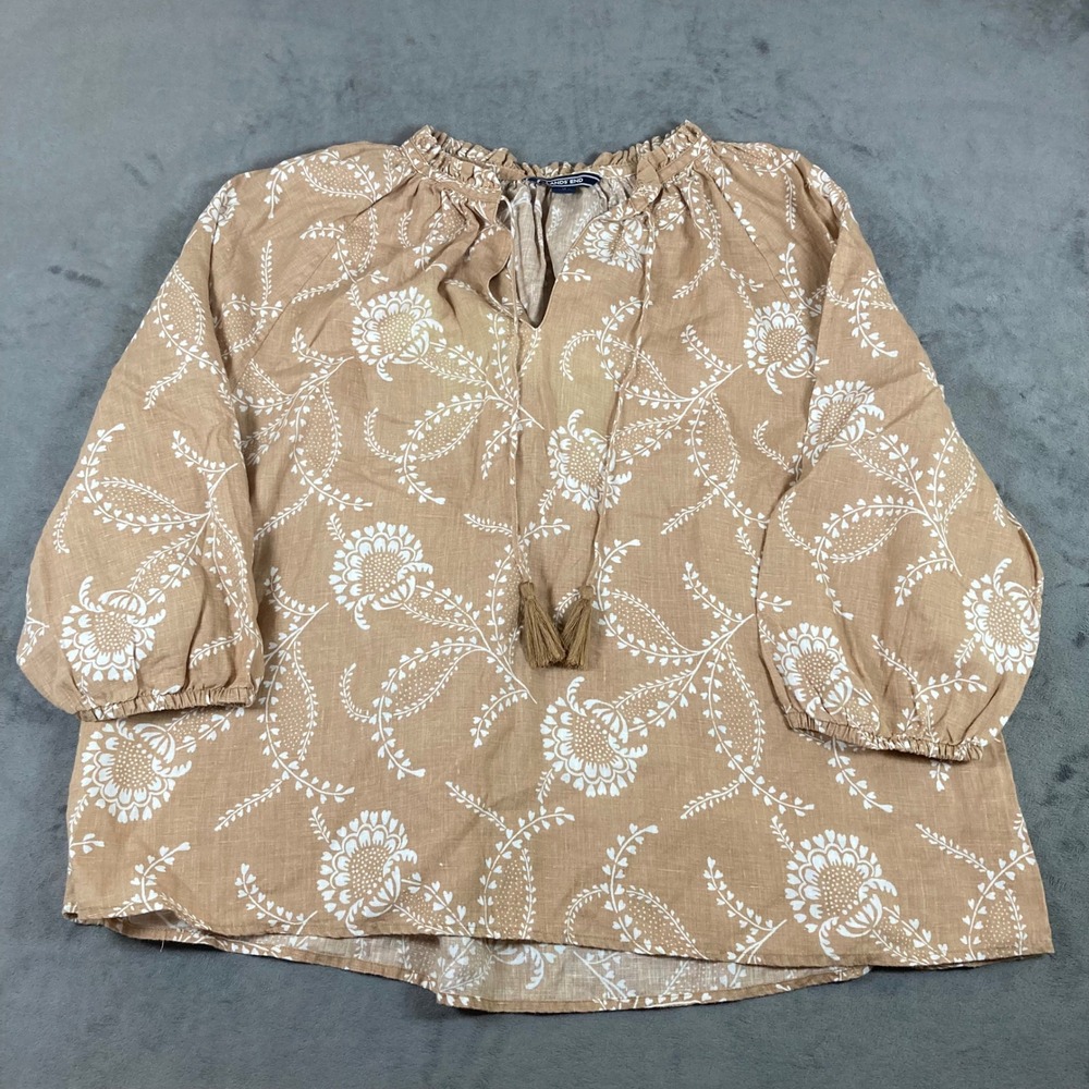 Lands End Linen Peasant Blouse XL Tan White Floral Tassel Tie Top